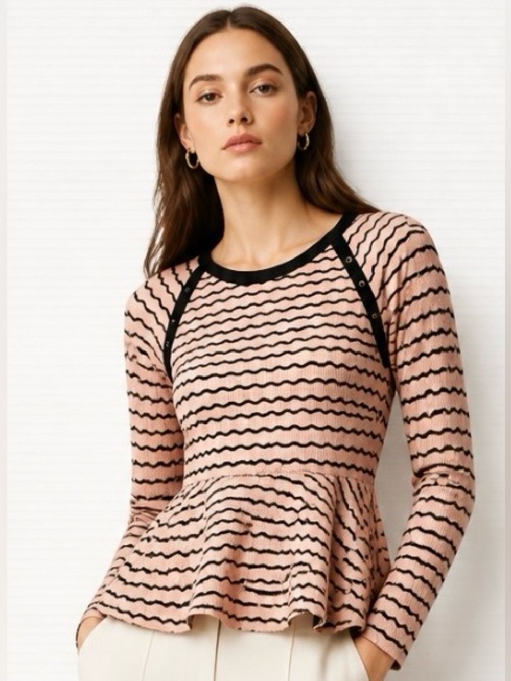 FREE PEOPLE Sweater Pullover Boho Wavy Stripe Pointelle Peplum Pink Brown Small